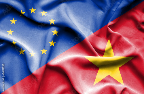 Waving flag of Vietnam and EU