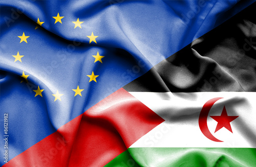 Waving flag of Western Sahara and EU