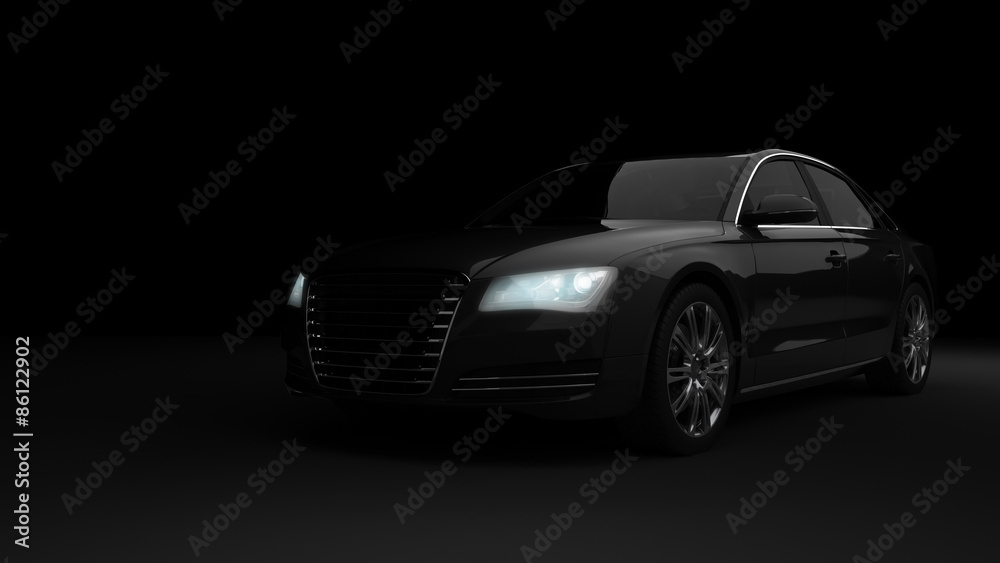 Computer generated image of a sports car, studio setup, on a dark background.