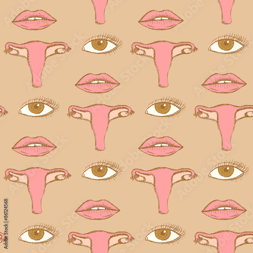 Sketch uterus and lips in vintage style