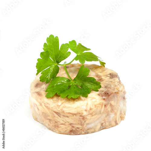 Wet fish canned cat or dog food "tuna and shrimps" with a sprig