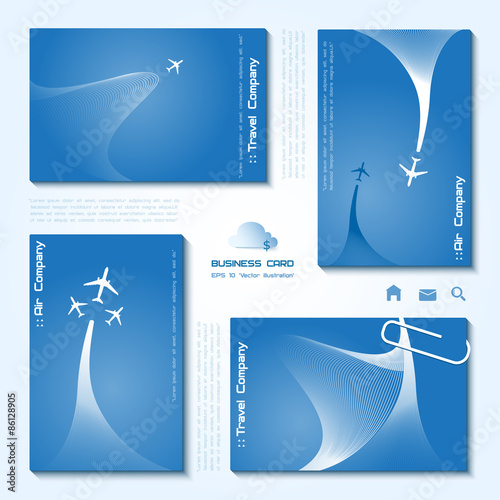 Vector set of air company business cards, minimalistic style, whirlwind of airplane, for travel agencies, aviation companies