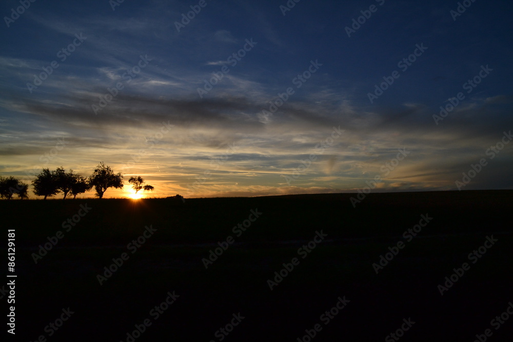 Coucher de soleil sur les champs et arbres