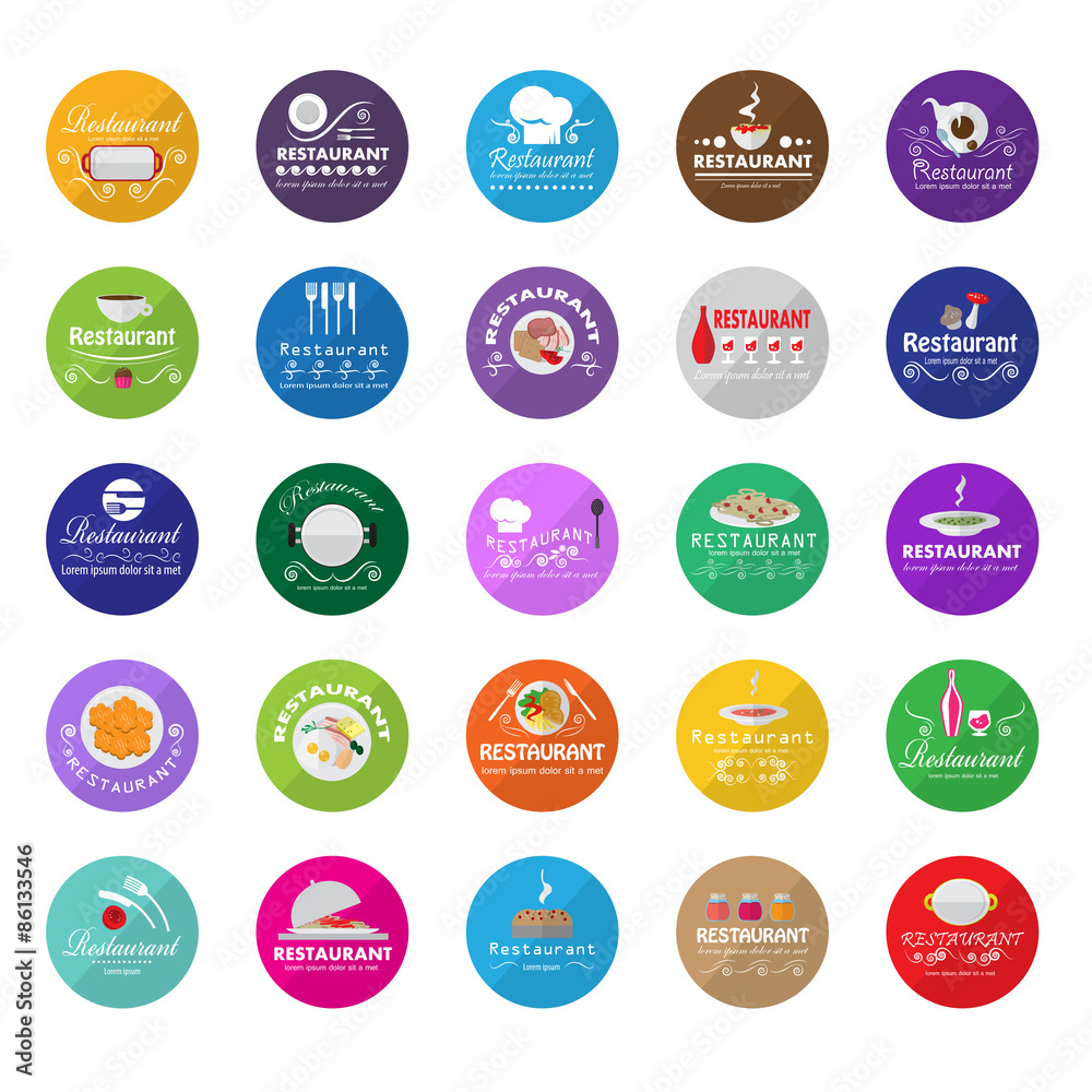Obraz premium Restaurant Flat Icons Set: Vector Illustration, Graphic Design. Collection Of Colorful Icons. For Web, Websites, Print, Presentation Templates, Mobile Applications And Promotional Materials