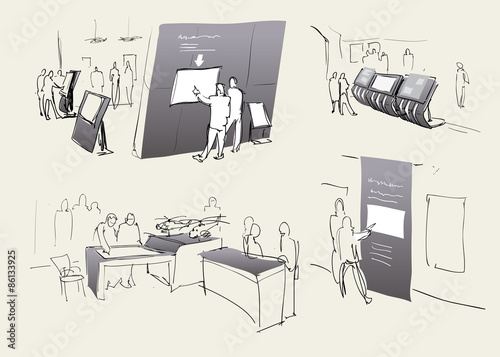 Exhibition, exhibition hall inside, people visit the exposition