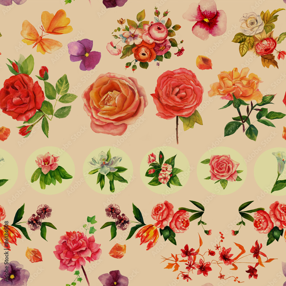Complex vintage style watercolour flowers seamless pattern
