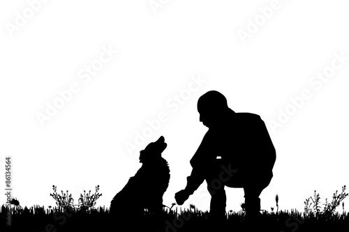 Vector silhouette of a man with a dog.