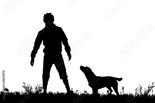 Vector silhouette of a man with a dog.