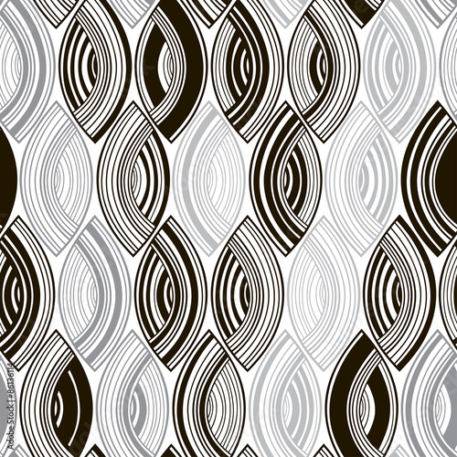 Tapety Bezszwowy monochromu wzór z pasiastymi abstrakcjonistycznymi liśćmi.