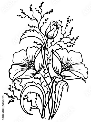 Arrangement of flowers black and white. Outline drawing of lines