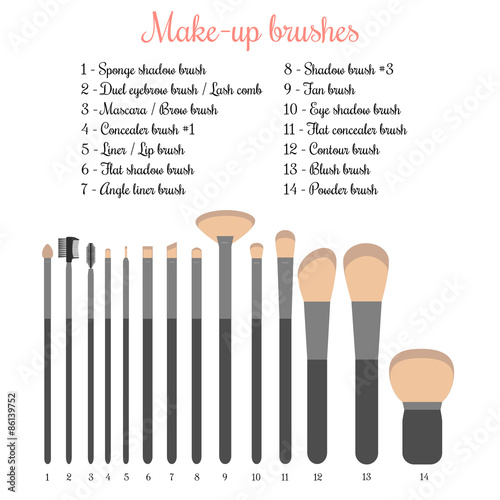 Make-up brushes set. Vector illustration of 14 make-up brushes with names.