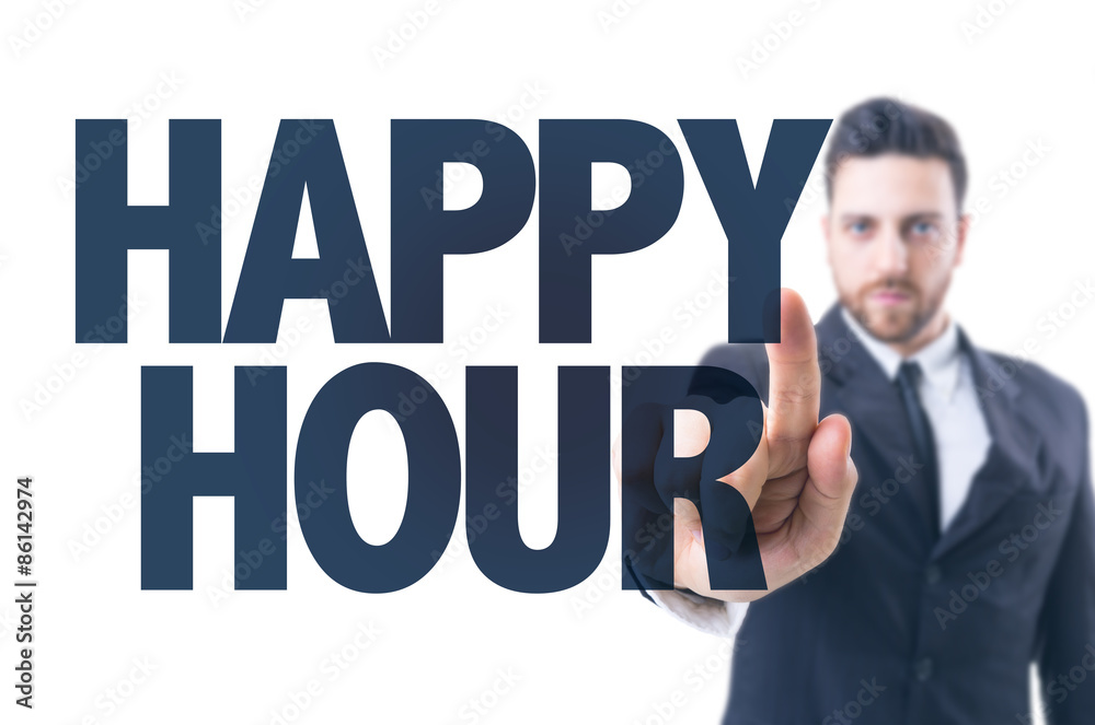Business man pointing the text: Happy Hour Business man pointing the text: Happy Hour