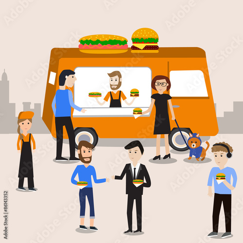 People meeting in the burgers and hot dogs food truck  infograph