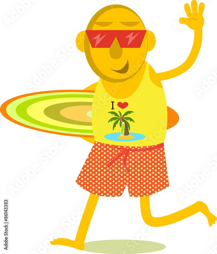 Vector illustrated smiling man with his surfboard.