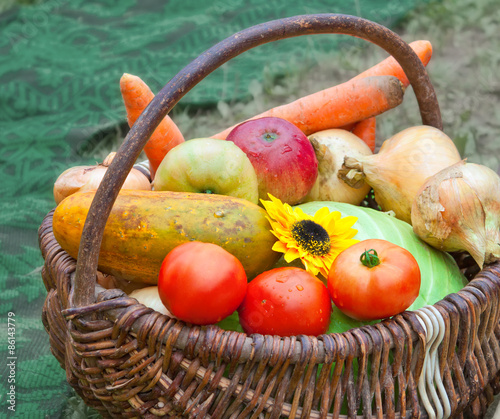 Fresh fruits and vegetables in a wicker basket