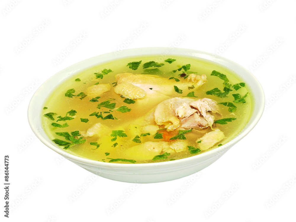 Chicken soup plate isolated on white background.