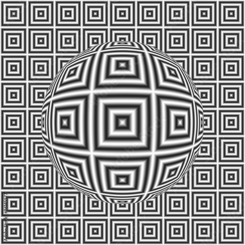 Black and white optical illusion square pattern with 3D sphere