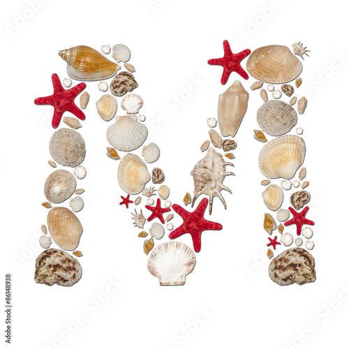 M -  letter arranged from sea shells and starfishes