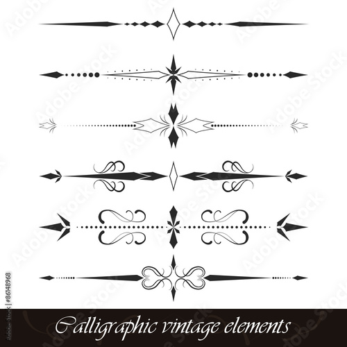 Set of calligraphic vintage elements, borders, dividers or page decor. Vector illustration.