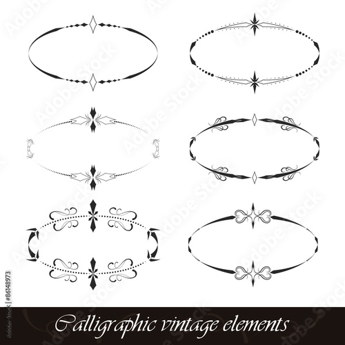 Set of calligraphic vintage elliptical shape elements, borders, dividers or page decor.