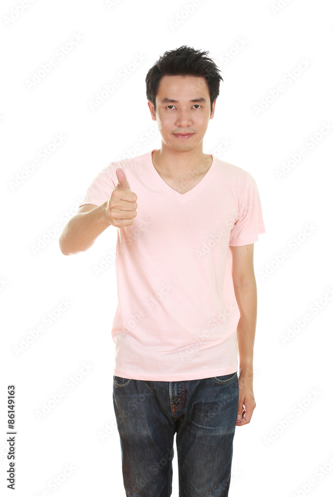 man in blank t-shirt with thumbs up man in blank t-shirt with thumbs up
