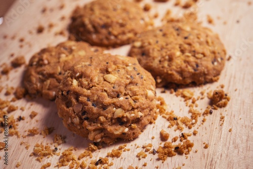 Cookies, snack mix, cereals with health benefits.