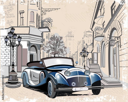Vintage background with a retro car and old town views.