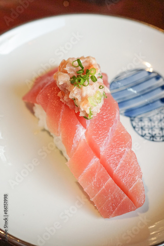 Authentic and traditional Japanese sushi with various kinds of f
