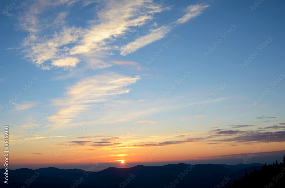 Charming landscape with sunrise in the mountains (tranquility, m