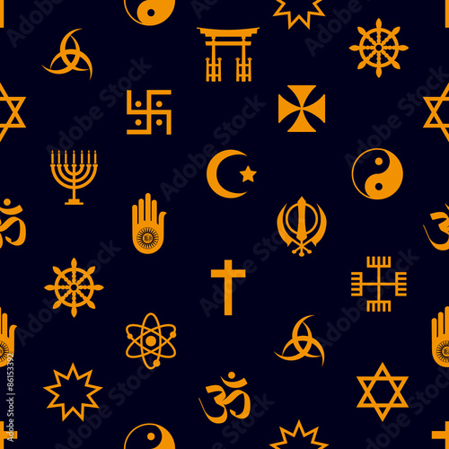 world religions symbols vector icons seamless pattern eps10