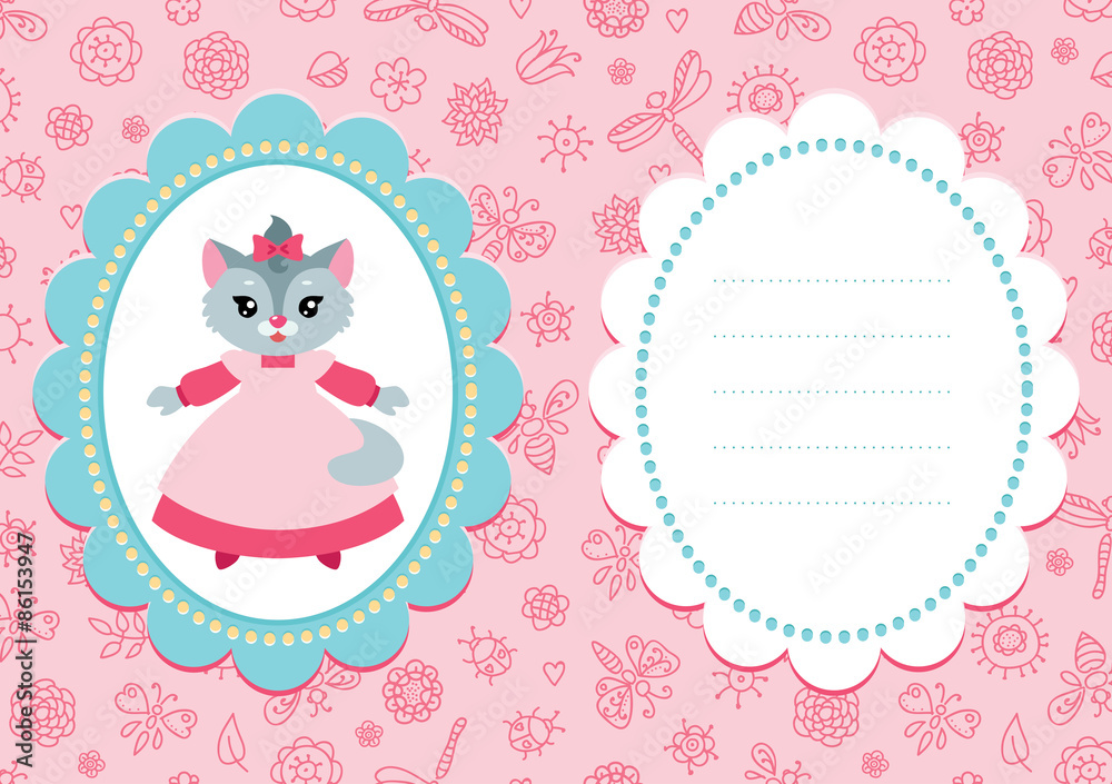 Pink baby card with cute little kitty in a pink dress Pink baby card with cute little kitty in a pink dress