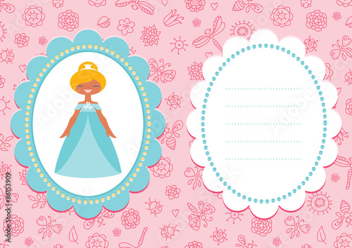 Pink birthday card with cute blond princess in a pretty blue dress