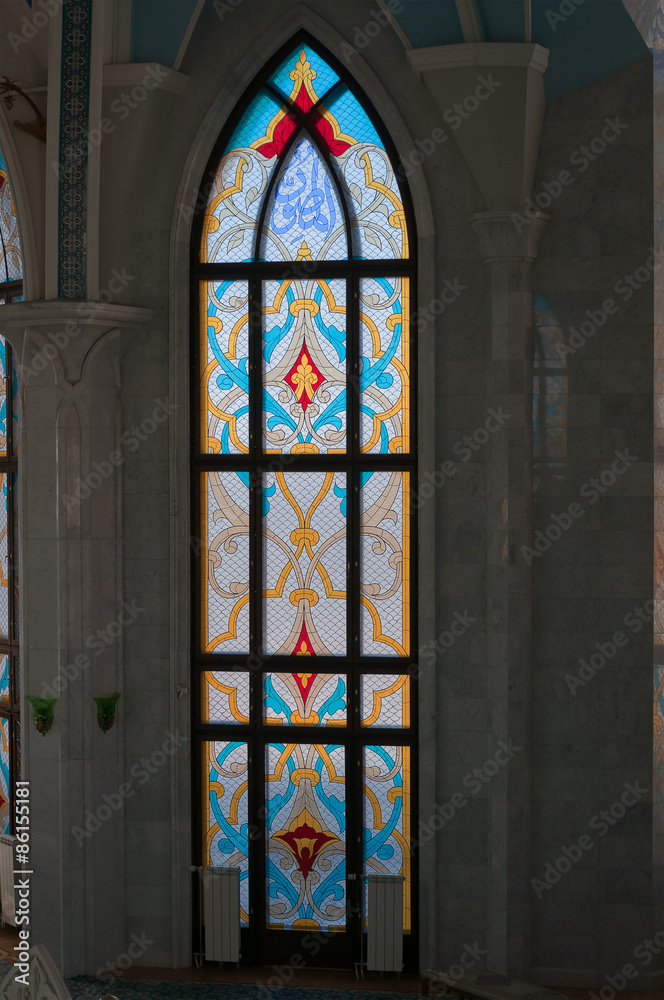 Stained-glass window in Kul Sharif mosque in Kremlin. Kazan. Rus
