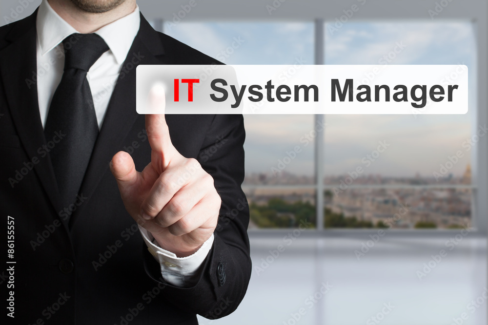 businessman pushing touchscreen button it system manager businessman pushing touchscreen button it system manager
