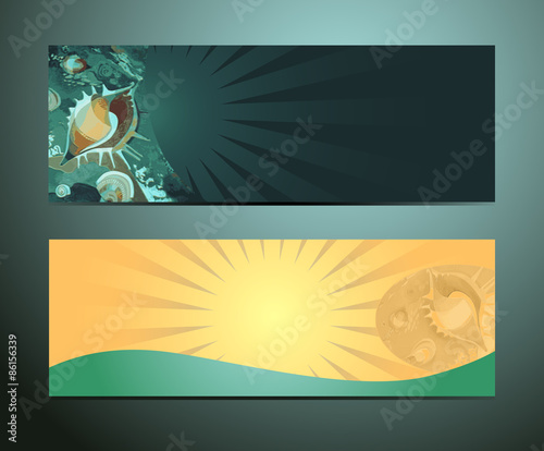 Banner with the image of sea shells on the sea bottom. Subject diving or relax by the sea.