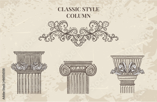 antique and baroque classic style column vector set. Vintage architectural details design elements on grunge background in sketch style
