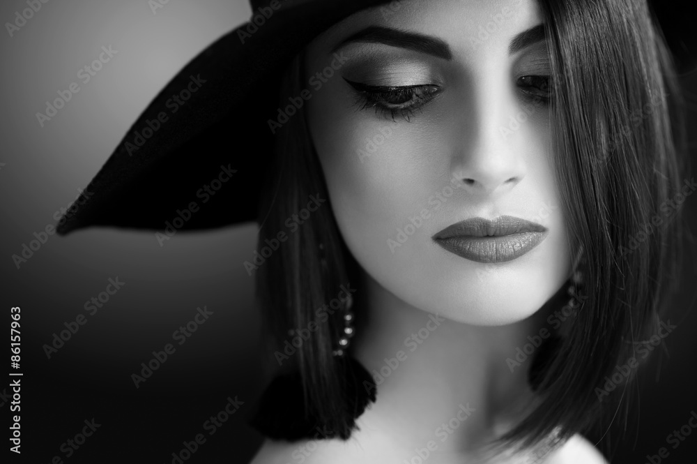 black and white portrait of a beautiful young woman with a bob h black and white portrait of a beautiful young woman with a bob h