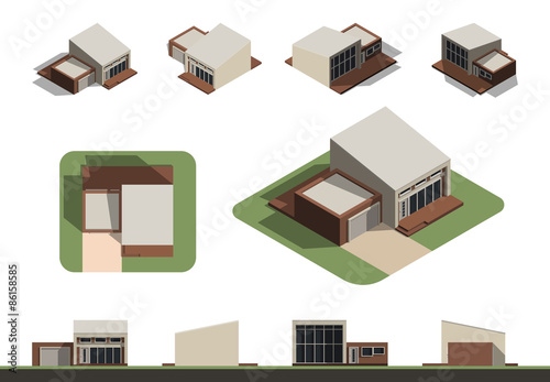Set of flat isolated house building kit creation, detailed urban and rural house concept design in top, side, front and back elevation view with isometric view from all four angle, vector illustration