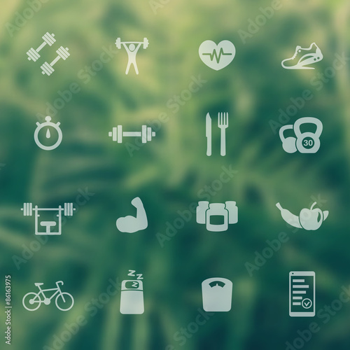 16 fitness, gym, sport, workout, healthy living icons on blur background