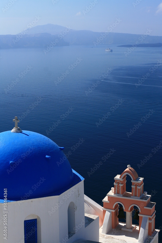 Blue dome church on Santorini island in Greece