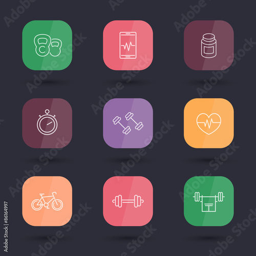 line fitness, gym rounded square color icons, vector illustration, eps10