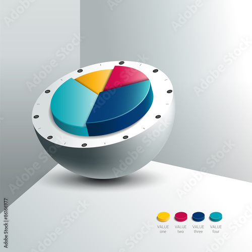 Cross section of silver sphere ball with 3D pie circle chart in the middle. 