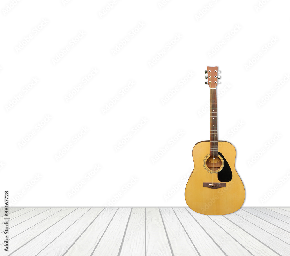 Fototapeta gitara z białą drewnianą podłogą