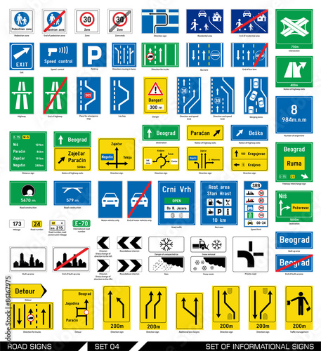 Set of road signs. Signboards. Collection of informational traffic signs. Vector illustration. 