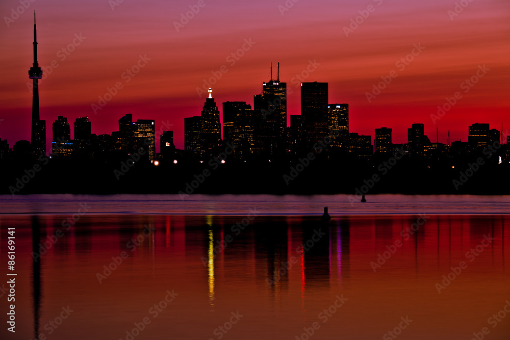 Toronto Skyline at Red Sunset Reflection Lake