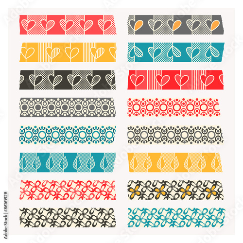 Set of washi tape. Black, gray and color stripes.
