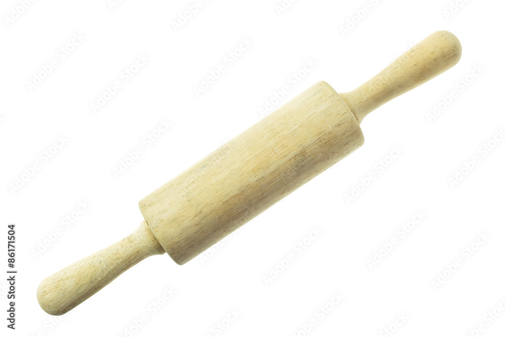 Close up wooden rolling pin isolated on white