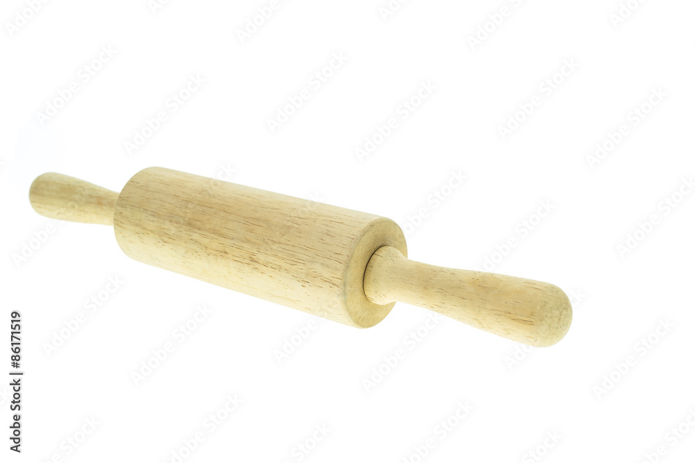 Close up wooden rolling pin isolated on white