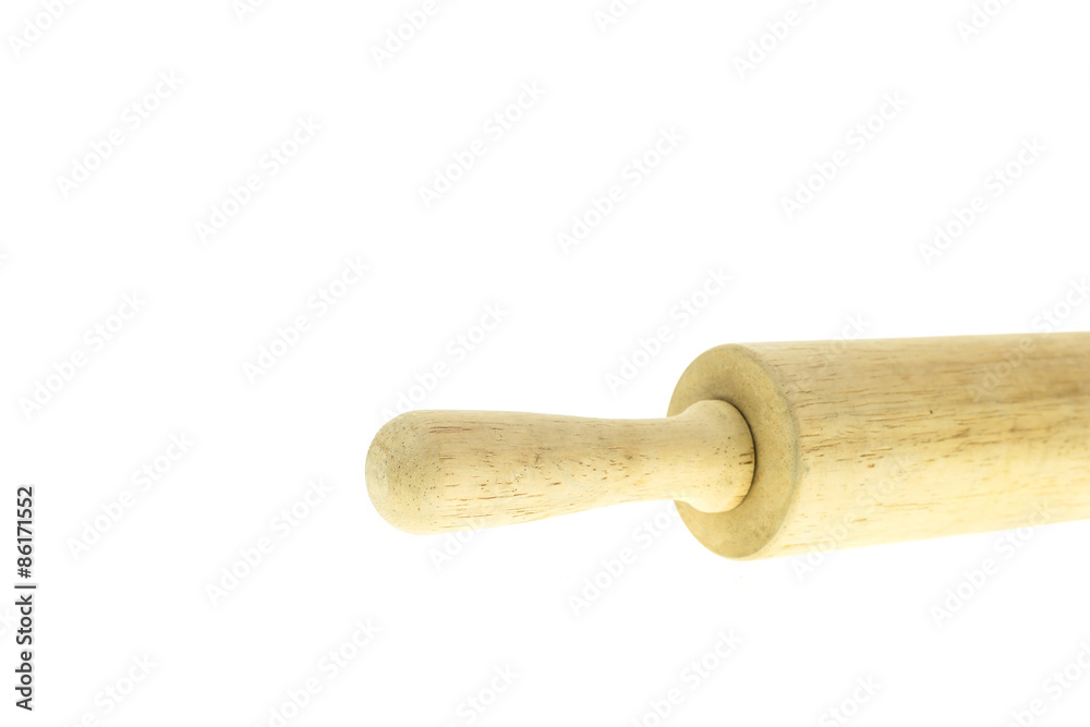 Close up wooden rolling pin isolated on white