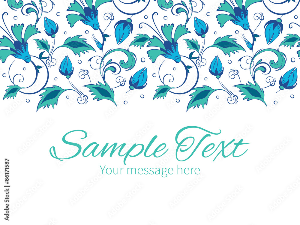 Vector blue green swirly flowers horizontal border greeting card